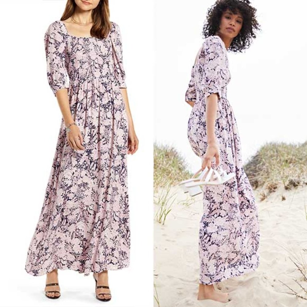 Something Navy Smocked Floral Maxi Dress M